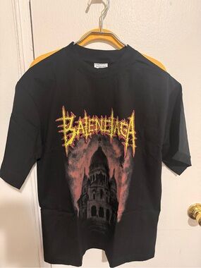 Balenciaga Black Graphic Logo Tee with Yellow & Red Print
